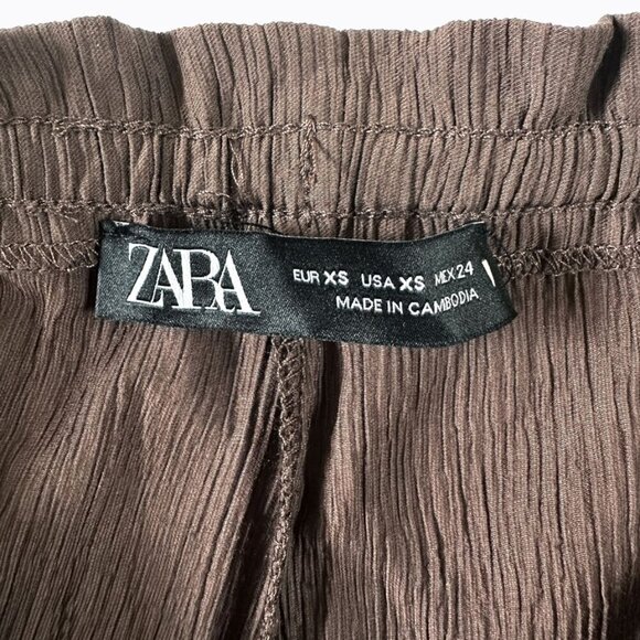 Zara Flowy Pants SzXS/S Textured Weave Chocolate Brown Boho Beach Hippie Coastal - Picture 6 of 8